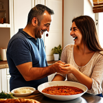 **A couple laughing together while cooking a traditional Turkish meal in a cozy kitchen, filled with warmth and natural light.** (This illustrates harmony, shared values, and creating special moments)
