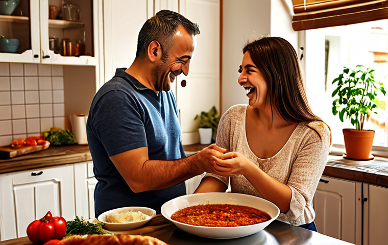 **A couple laughing together while cooking a traditional Turkish meal in a cozy kitchen, filled with warmth and natural light.** (This illustrates harmony, shared values, and creating special moments)