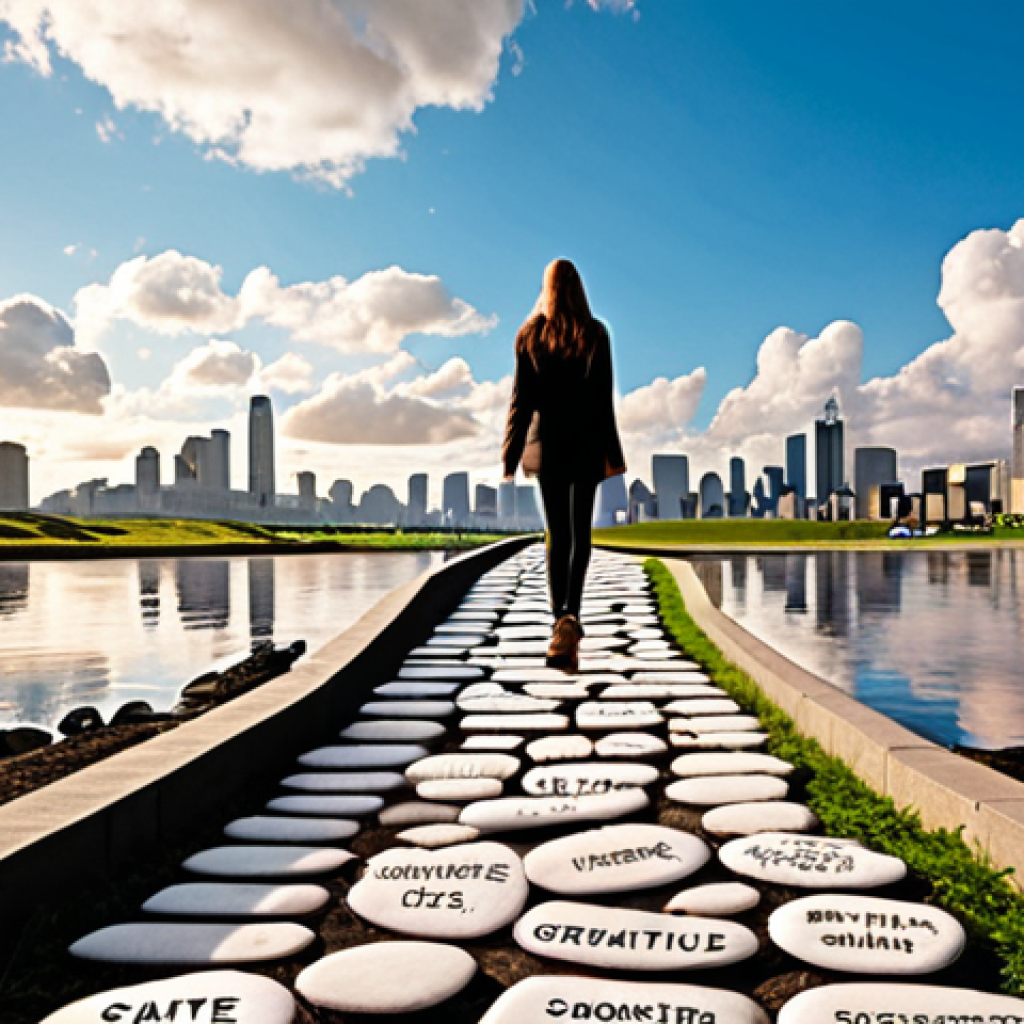 ** A person confidently walking on a path made of stepping stones labeled with positive words like "Gratitude," "Courage," and "Action." The path leads towards a bright, stylized cityscape representing success. The sky above is filled with inspirational quotes floating like clouds.

**