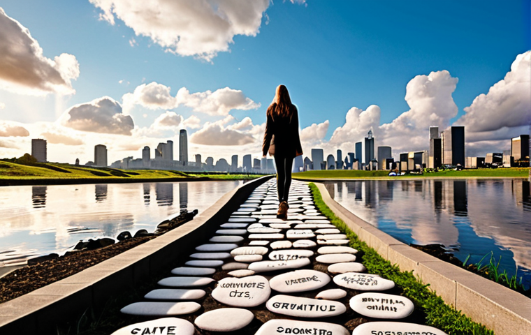 ** A person confidently walking on a path made of stepping stones labeled with positive words like "Gratitude," "Courage," and "Action." The path leads towards a bright, stylized cityscape representing success. The sky above is filled with inspirational quotes floating like clouds.
**