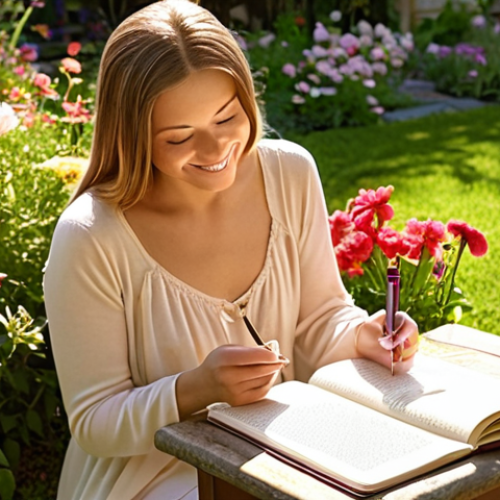 **A serene woman journaling outdoors in a sun-drenched garden, surrounded by blooming flowers. She is smiling gently, reflecting on her gratitude list. Soft, warm lighting.** (Focuses on Gratitude Practice)