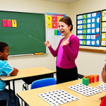 **

A vibrant classroom scene. Children are smiling and actively participating in a game-based math lesson. The teacher is enthusiastically leading, and the atmosphere is filled with positive energy. Include elements that suggest fun and engagement, like colorful charts and interactive learning tools.

**