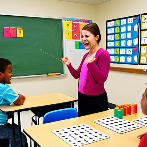 **

A vibrant classroom scene. Children are smiling and actively participating in a game-based math lesson. The teacher is enthusiastically leading, and the atmosphere is filled with positive energy. Include elements that suggest fun and engagement, like colorful charts and interactive learning tools.

**
