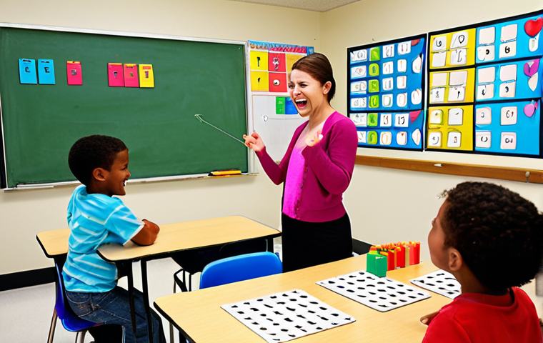 **
A vibrant classroom scene. Children are smiling and actively participating in a game-based math lesson. The teacher is enthusiastically leading, and the atmosphere is filled with positive energy. Include elements that suggest fun and engagement, like colorful charts and interactive learning tools.
**